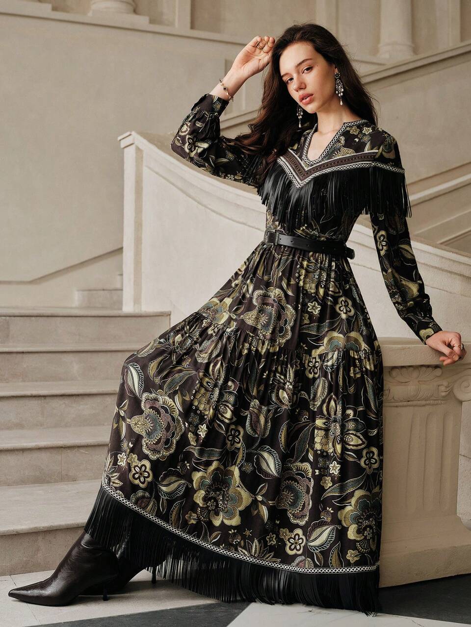 Anewsta Savoree Elegant Floral Print Tassel Dress, Autumn/Winter