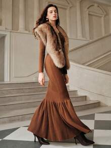 Anewsta Savoree Women's Fitted Solid Color Knit Sweater Dress, Autumn/Winter - Coffee Brown - View 2