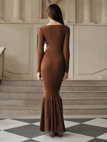 Anewsta Savoree Women's Fitted Solid Color Knit Sweater Dress, Autumn/Winter - Coffee Brown - View 6