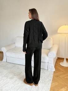 SHEIN Tall Women's Solid Black Knitted Homewear Set, Suitable For Autumn/Winter, Premium Version For Tall,Fall,Fall Clothes For Women - Black - View 2