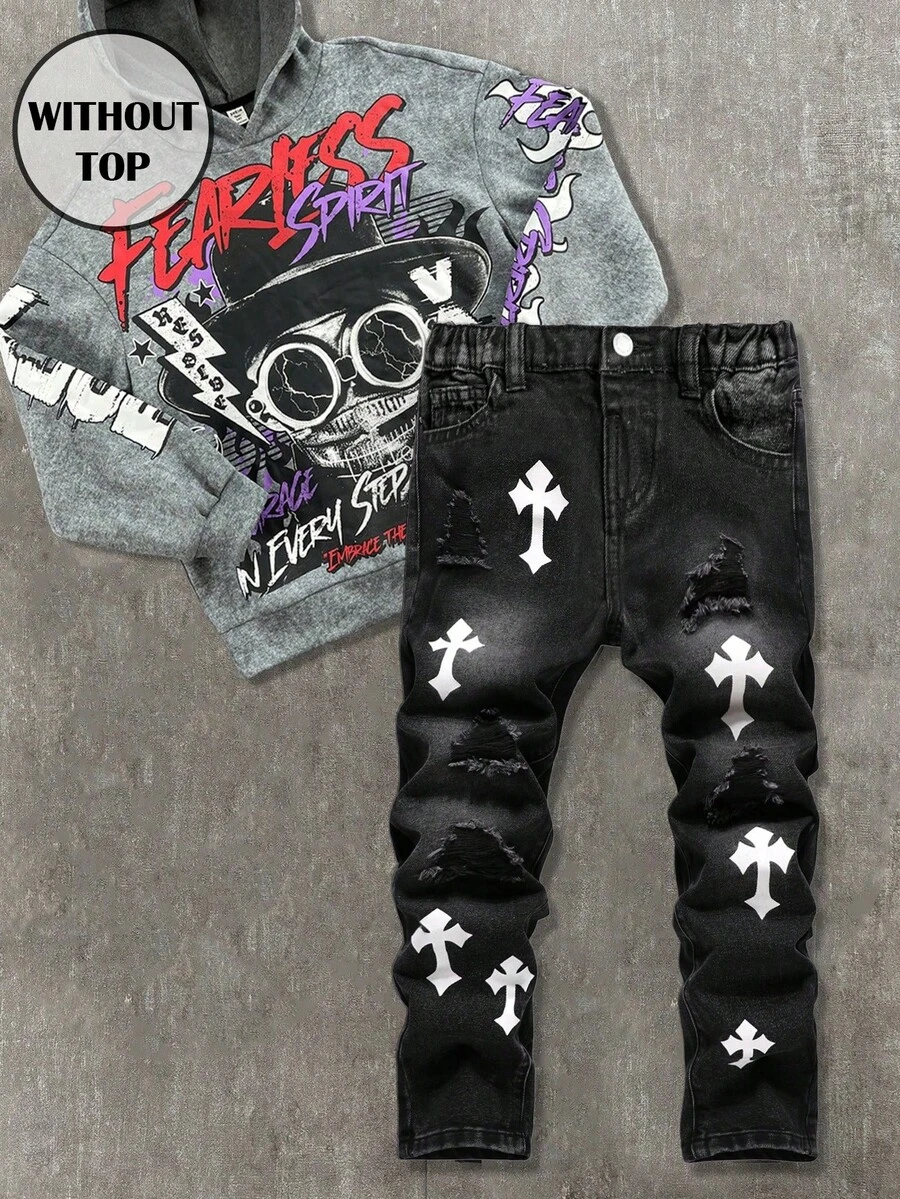 Quần jeans đen dáng rộng, họa tiết chữ thập trắng, phong cách đường phố cá tính, dành cho bé trai, thích hợp mặc hàng ngày vào mùa thu đông, làm trang phục hóa trang, thời trang đường phố, Halloween, Giáng sinh, quần jeans mùa đông, quần jeans ấm áp. - màu đen - Xem 1