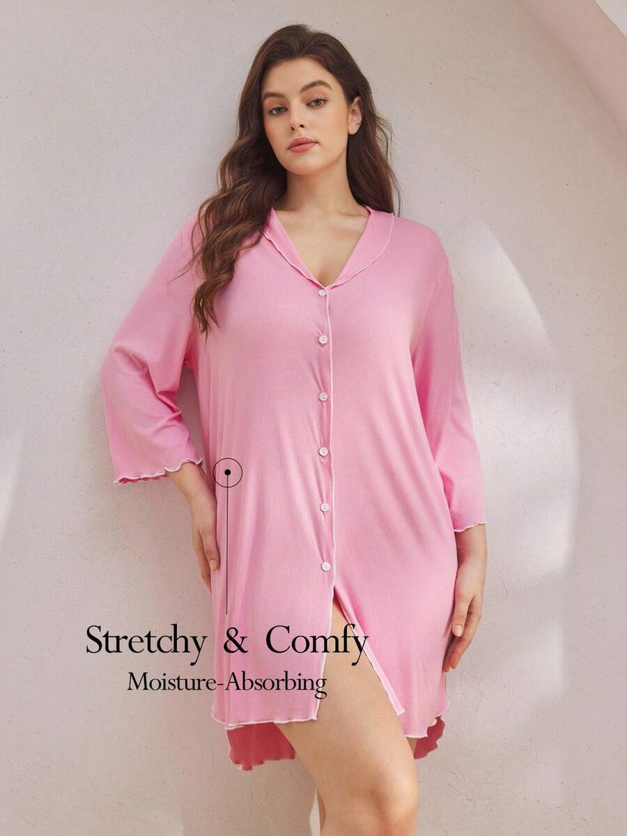 Ocili Plus Size Ribbed Comfortable Ruffle Collar Shell Button Nightgown, Fall & Winter, Cozy Outfit - Pink - View 1
