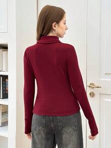 SHEIN Atasan Kaos Dalam Termal Lengan Panjang Kerah Tinggi Bergaris Warna Burgundy untuk Remaja Perempuan, Musim Gugur/Dingin - Burgundy - View 2
