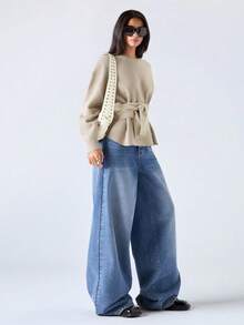 LYSMO 女式纯色圆领落肩长袖腰系带休闲毛衣，秋冬 - 杏色 - 查看 6