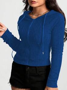 Calvaya Sudadera con capucha de manga larga con cremallera y costillas de unicolor talla grande - Azul - Ver 5