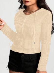 Calvaya Plus Size Women's Casual Everyday Commute Simple Solid Color Ribbed Zip-Up Drawstring Hooded Cropped Sweatshirt, Spring/Autumn - Apricot - View 5