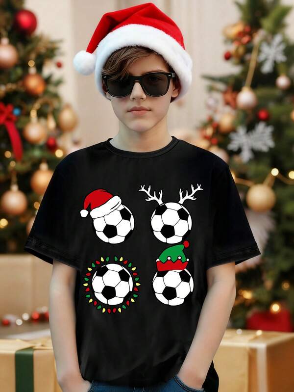 SHEIN Camiseta básica de manga corta con estampado gráfico de Papá Noel con sombrero de fútbol, adecuada para fiestas navideñas, para niño preadolescente de moda informal