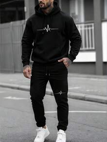 Manfinity Homme Men's Hooded Sweatshirt Set, Winter Cozy Fall & Winter Styles Winter Clothes - Black - View 8