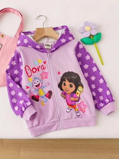 DORA | SHEIN Sudadera con capucha y cremallera con estampado de mono de dibujos animados y Dora para niña, otoño/invierno
