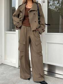 DAZY 女士纯色简约长袖外套和裤子两件套，休闲日常家居服套装 - 卡其色 - 查看 5