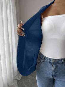 SHEIN PETITE Veste légère décontractée pour femmes, à côtes, brossée, à l'avant ouvert, avec poches latérales - Bleu azur - Voir 7
