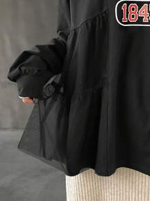 FRIFUL 女士白色字母印花落肩长袖薄纱拼接宽松休闲百搭T恤，适合户外穿着，秋季图案T恤 - 黑色 - 查看 5