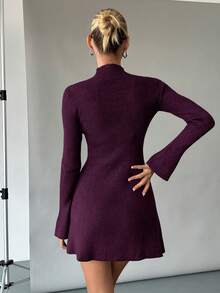 Siren Gaze 冬季女高领毛衣裙保暖针织打底裙喇叭袖A字裙修身显瘦毛衣裙长袖连衣裙连衣裙 - 紫色 - 查看 2