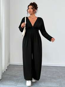 EMERY ROSE 加大码 V 领柔软针织可调节肩部连体裤，腰部有抽绳，舒适休闲、居家、旅行和度假穿着 - 黑色 - 查看 7