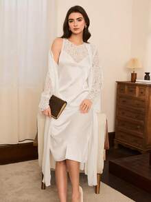 Moireta 2件套女士优雅性感无袖雪纺睡裙及腰带睡袍秋冬装 - 白色 - 查看 1