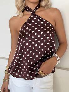 MainGRL Summer Tops  Brown Party Women's Summer Fashion Halter Tie Polka Dot Print Blouse Chocolate Brown Top Pokadot Top Halter Tops For Women - Coffee Brown - View 6