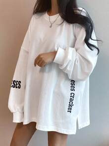 DAZY 标语图案落肩开衩超大 T 恤，奶酪是生活中你想要的东西的隐喻，回到学校服装长袖女式上衣