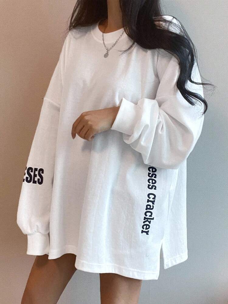 Slogan Graphic Drop Shoulder Split Hem Oversized Tee THE CHEESE IS A METAPHOR FOR WHAT YOU WANT IN LIFE,Back To School Clothes Long Sleeve Women Tops
