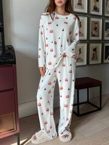 DAZY 可爱蛋糕和小熊印花毛绒宽松女式睡衣套装，秋冬季服装 - 白色 - 查看 9
