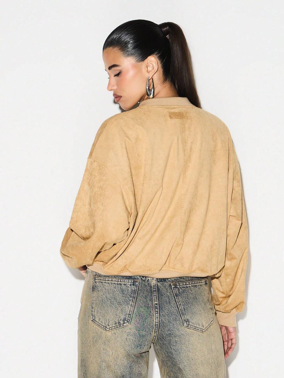 Oversized Faux Suede Bomber Jacket For Women Fall Winter Layering Essential Casual Outerwear
