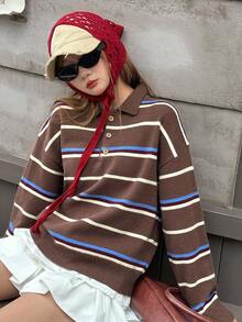 DAZY 青少年女孩条纹落肩长袖高领休闲宽松毛衣，秋冬 - 棕色 - 查看 3