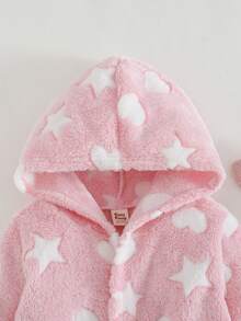 Cozy Pixies 女婴保暖连帽长袖系腰长袍，带星星和月亮图案，厚实保暖，适合冬季，粉色