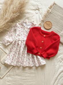 Vintaside Kids 2pcs Baby Girls' Ditsy Floral Sweater Jacket And Dress Set, Spring/Autumn - Red - View 1