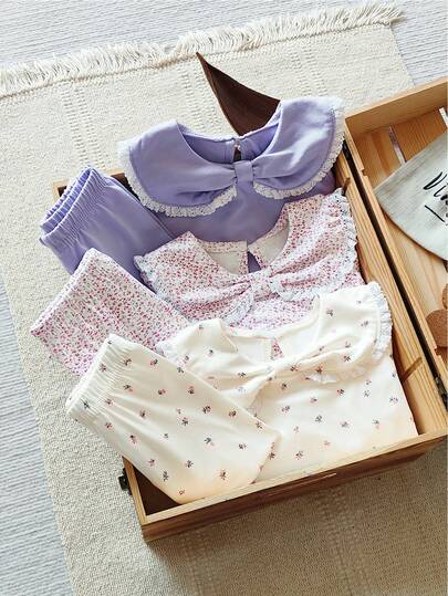 Vintaside Kids 6件套女婴春秋新款可爱蝴蝶结领花饰圆领长袖上衣和裤子休闲舒适套装