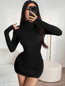 SHEIN PETITE Vestido corto minimalista y casual de unicolor, de cuello alto y manga larga para mujer - Negro - Ver 7