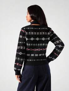 LYSMO 2025 New Arrive Minimalism Winter Black All-Over Print Button Front Casual Long Sleeve Cardigan Sweater Winter For Women New Year Look And Christmas For Women For Going Out, Streetwear, And Stockholm Style - Multicolor - View 2