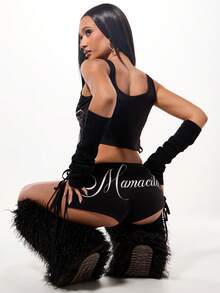 SUMWON WOMEN Mamacita 短款背心和褶皱短裤休闲套装节日装夏季休闲装 - 黑色 - 查看 2
