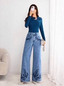 Elenzga Women's Plant Embroidery Pocket Wide Leg Loose Casual Jeans - Medium Wash - View 3