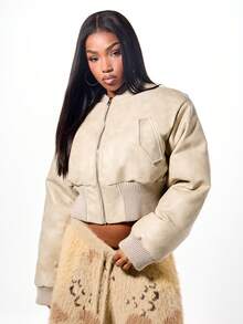 SUMWON WOMEN Oversized Faux Leather Bomber Jacket With Ribbed Trim And Cropped Silhouette For Fall Winter Layering