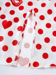 Betty Boop x SHEIN 女式复古优雅卡通人物与波尔卡圆点印花撞色蕾丝吊带睡袍，夏季 - 白色 - 查看 5