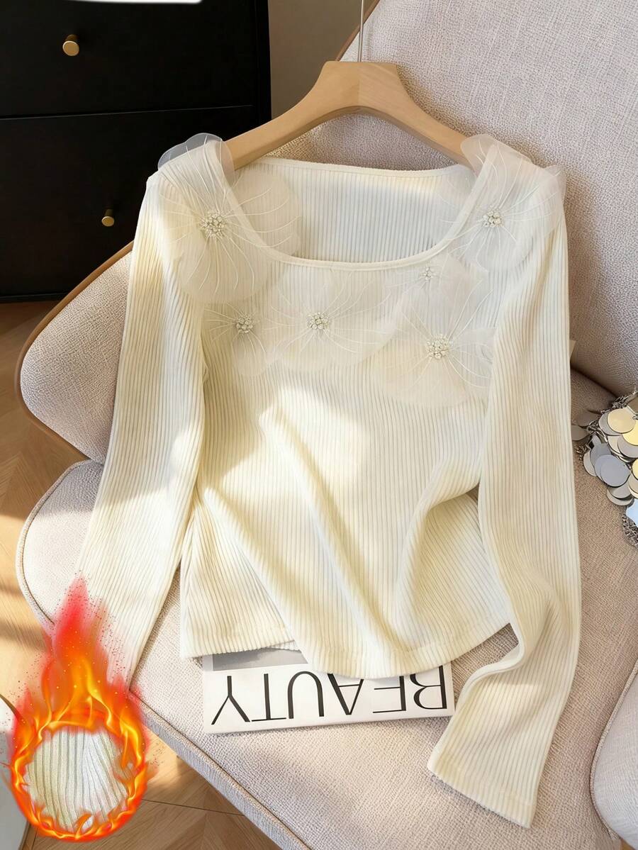 GlowEve 女式杏色优雅 3D 珍珠花方领长袖修身针织上衣，时尚青春