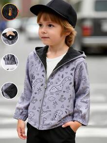 SHEIN Genkimix Kids 年轻男孩休闲时尚全身印花连帽夹克，保暖内衬，拉链开合，秋冬