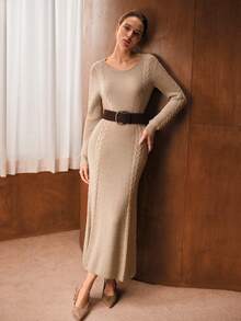 MOTF PREMIUM Elegante vestido de punto largo con cuello redondo y espalda descubierta, para otoño/invierno - Caqui - Ver 5