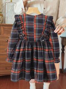 1 件年轻女孩多色条纹经典红绿圣诞荷叶边肩部可爱连衣裙，适合派对、节日、圣诞节 - 彩色 - 查看 2