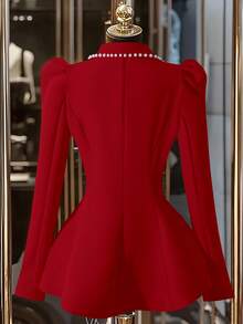 Franclia Áo khoác Blazer màu hồng sang trọng, nhẹ nhàng, đính ngọc trai, thắt eo thanh lịch dành cho nữ, mùa thu - Đỏ - Xem 2