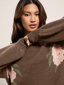 WESTFADE 乡村西部风花卉嵌花船领长袖针织毛衣，休闲可爱，西部风，波西米亚风，秋季，冬日 - 棕色 - 查看 4