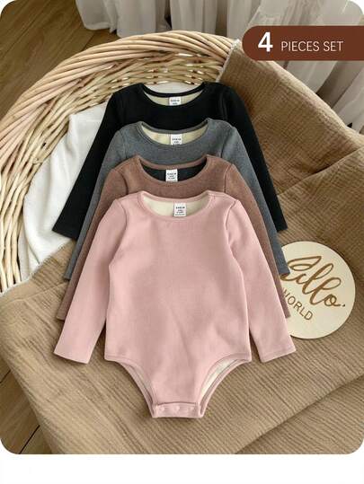 SHEIN Conjunto de 4 piezas de bodis de manga larga de punto de unicolor y estilo casual para bebé niña, conjunto de bodis de otoño/invierno para bebé niña, ropa de bebé niña de manga larga, ropa de bebé neutra de otoño, ropa de bebé color moca