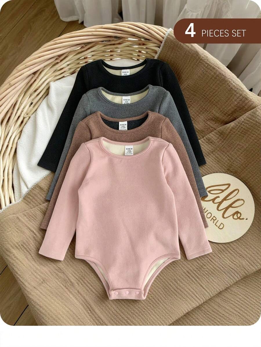SHEIN Bộ 4 áo liền quần tay dài màu trơn dệt kim dễ thương cho bé gái, bộ đồ liền quần mùa thu/đông cho bé gái, quần áo liền quần cho bé gái, quần áo dài tay màu trung tính cho bé gái, quần áo cho bé gái mùa thu - Nhiều màu - Xem 1