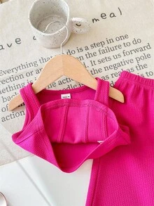 SHEIN Baby Girls Cute Knit Pink Tank Top And Elastic Waist Pants 2 Pieces Set, Summer