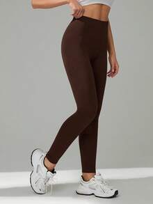 SHEIN Tall 1件套女士休闲纯色高腰紧身裤 - 棕色 - 查看 7