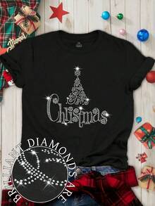 EMERY ROSE Plus Size Christmas Tree & Reindeer Rhinestone Long Sleeve V-Neck Tee Women Bling - الأسود - مشاهدة 1