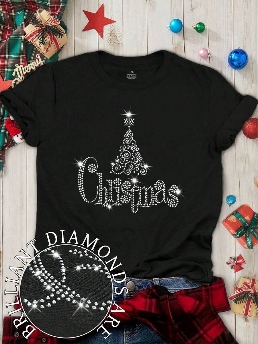 EMERY ROSE Plus Size Christmas Tree & Reindeer Rhinestone Long Sleeve V-Neck Tee Women Bling - الأسود - مشاهدة 1