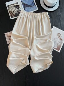 SHEIN Clasi 大码女式优雅蕾丝拼接纯色高腰直筒裤，适合时尚通勤 - 杏色 - 查看 2
