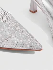 CUCCOO SZL 尖头舒适时尚珍珠和水钻装饰露背细高跟性感派对银色高跟鞋 - 銀色 - 查看 6