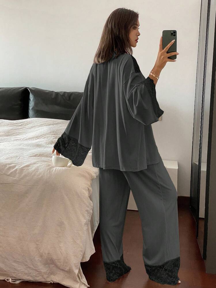 3pcs Lace Patchwork Robe, Camisole Top & Pants Women Sleepwear Pajama Set Pajama Fall Winter Clothes