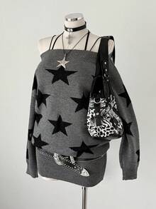 Sunspun Damen Große Größen Y2K Streetwear Stil Pentagramm Jacquard locker sitzendes Boot-Ausschnitt bequemes Strickkleid, geeignet für Herbst/Winter, Schulanfang, tägliche Fahrt, bestes Feriengeschenk für Halloween, Weihnachten - Grau - Übersicht 4